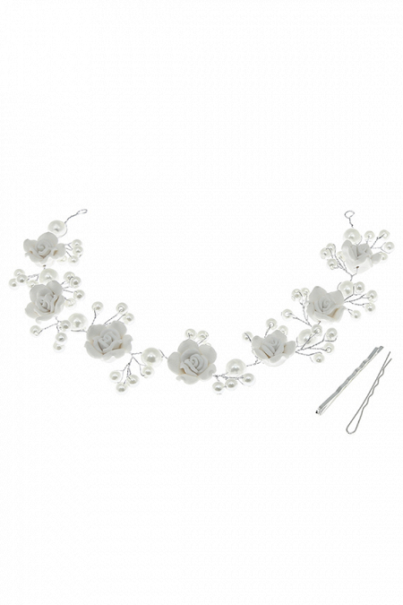 Мягкая диадема МД003 с жемчугом  и полимерными розочками, цвет серебро ручная работа в свадебном салоне Princesse de Paris