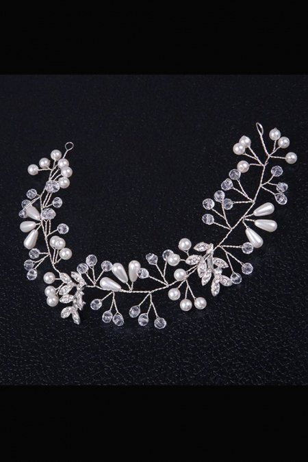 Мягкая диадема МД004 с жемчугом и кристаллами, цвет серебро ручная работа в свадебном салоне Princesse de Paris