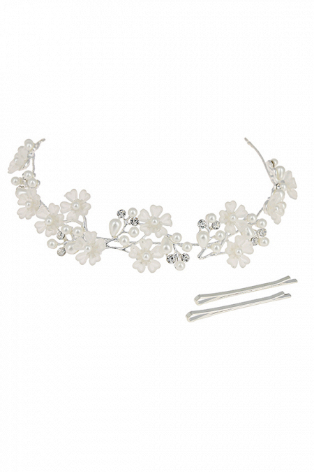 Мягкая диадема МД011 с жемчугом и кристаллами, цвет серебро ручная работа в свадебном салоне Princesse de Paris