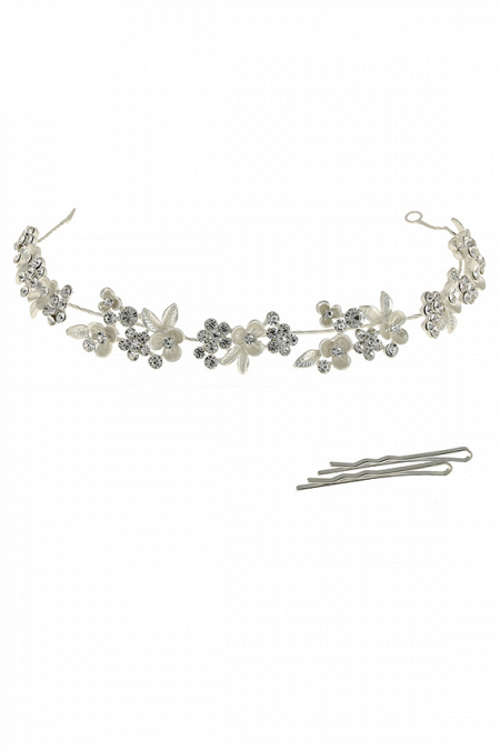 Мягкая диадема МД016 со стразами и цветами из полимерной глины, цвет серебро ручная работа в свадебном салоне Princesse de Paris