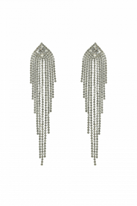 Длинные серьги СС006 в стиле водопад, со стразами и вкраплением цирконов в геометрический элемент в форме ромба, цвет серебро в свадебном салоне Princesse de Paris