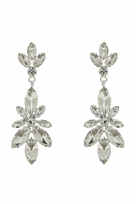 Длинные серьги СС015 с крупными стразами и фионитами , в форме раскрытого цветка лотоса, в благородном цвете белое золото в свадебном салоне Princesse de Paris