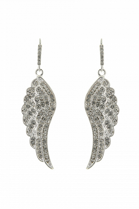 Длинные серьги оригинальной формы СС019 крылья ангела со стразами в цвете серебро в свадебном салоне Princesse de Paris