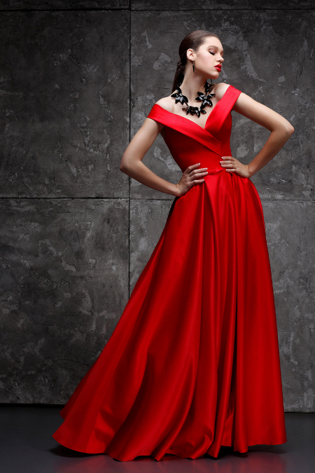Красное длинное вечернее платье Грейс из атласа - непышное, с карманами, недорого. Свадебный салон Princesse de Paris