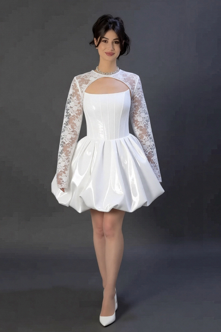 Белое короткое пышное вечернее платье ПАРМА с кружевным болеро купить недорого в салоне Паризе СПБ.