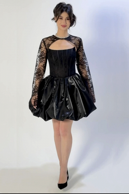Короткое пышное черное вечернее платье ПАРМА с кружевным болеро и юбкой-баллон купить в СПБ.