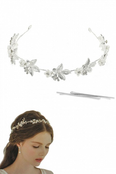 Мягкая диадема МД017 с жемчугом и кристаллами, цвет серебро ручная работа в свадебном салоне Princesse de Paris