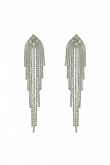 Длинные серьги СС006 в стиле водопад, со стразами и вкраплением цирконов в геометрический элемент в форме ромба, цвет серебро в свадебном салоне Princesse de Paris