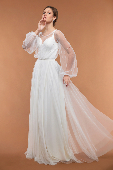 Свадебное платье Марена - fly - легкое, удобное, для венчания, простое, непышное, для полных, большой размер, жемчужная ткань в свадебном салоне Princesse de Paris СПБ