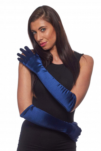 Длинные атласные оперные перчатки темно-синего цвета для создания эффектного вечернего образа купить в салоне Princesse de Paris в СПБ.