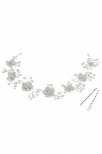 Мягкая диадема МД003 с жемчугом  и полимерными розочками, цвет серебро ручная работа в свадебном салоне Princesse de Paris
