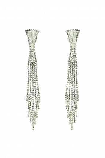 Длинные серьги СС003 со стразами и цирконами в стиле водопад, цвет серебро в свадебном салоне Princesse de Paris