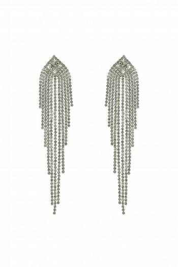 Длинные серьги СС006 в стиле водопад, со стразами и вкраплением цирконов в геометрический элемент в форме ромба, цвет серебро в свадебном салоне Princesse de Paris