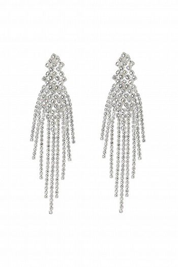 Длинные серьги СС007 в стиле водопад, со стразами и геометрическими элементами в форме ромбов, цвет серебро в свадебном салоне Princesse de Paris