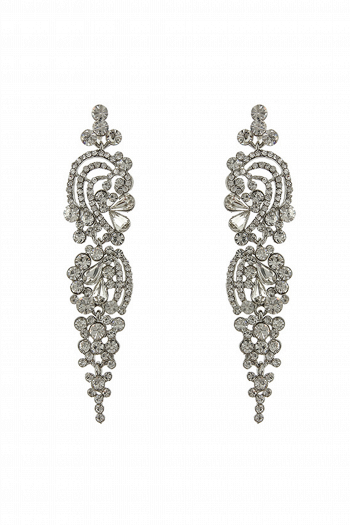 Длинные серьги СС014 оригинальной формы с завитками и цветочными элементами со стразами и фионитами в цвете серебро в свадебном салоне Princesse de Paris