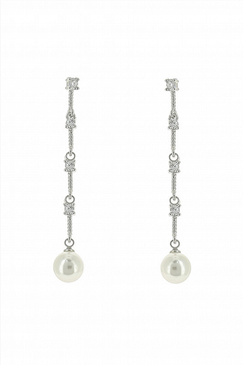 Длинные серьги СС017 - имитация протяжек, состоящие из дорожки с сияющими стразами, увенчанной жемчужиной в свадебном салоне Princesse de Paris