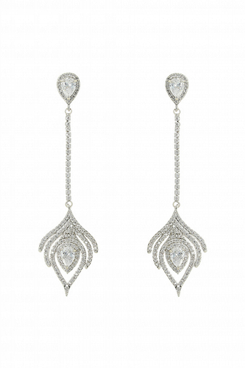 Длинные серьги СС005 оригинальной формы с элементом в виде полу-распустившегося лотоса со стразами и цирконом,  покрытие - белое золото 18 К в свадебном салоне Princesse de Paris