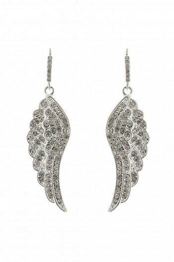 Длинные серьги оригинальной формы СС019 крылья ангела со стразами в цвете серебро в свадебном салоне Princesse de Paris