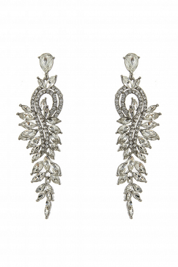 Длинные серьги СС020 оригинальной формы в виде экзотической лианы из страз с листьями из фионитов, цвет -  белое золото в свадебном салоне Princesse de Paris