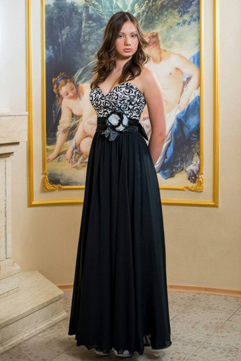 Длинное корсетное вечернее платье из шифона с открытыми плечами БЛЕСК цвет черно-белый купить недорого в салоне Princesse de Paris в СПБ.