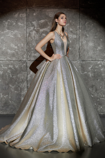 Пышное длинное вечернее платье Валенсия парча золото-серебро. Свадебный салон Princesse de Paris СПБ