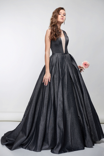 Пышное длинное вечернее платье Валенсия черный-серебро. Свадебный салон Princesse de Paris СПБ