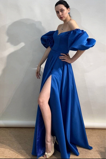 Вечернее платье ДОЛОРЕС синего сапфирового цвета - не пышное, А-силуэт, длинное, легкое, удобное, с разрезом, карманами и рукавами фонариками купить недорого на выпускной 9 и 11 класс в салоне Princesse de Paris