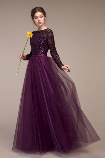 Вечернее платье в пол Ирен бордово-фиолетового цвета - длинный рукав, А-силуэт, закрытое, легкое, непышное, недорого в свадебном салоне Princesse de Paris