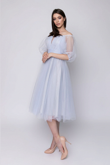 Короткое нарядное вечернее платье НЕЛЛИ голубого цвета на выпускной, для подруги невесты и любую вечеринку купить недорого в салоне Princesse de Paris в СПБ