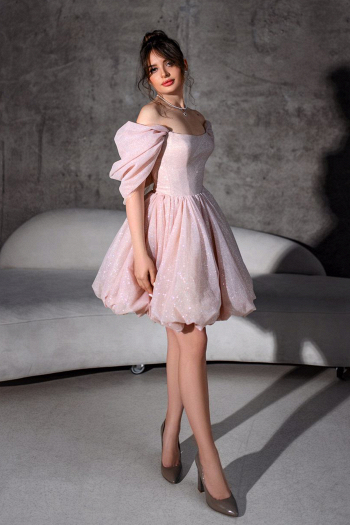 Оригинальное короткое вечернее блестящее платье ФЛОРИДА цвет пыльная роза на выпускной купить в салоне Princesse de Paris СПБ