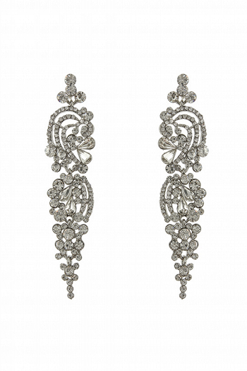 Длинные серьги СС014 оригинальной формы с завитками и цветочными элементами со стразами и фионитами в цвете серебро в свадебном салоне Princesse de Paris
