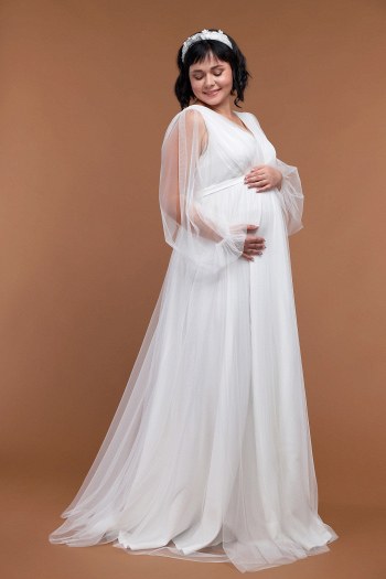 Свадебное платье для беременных АМОРЕТ - легкое, удобное, без жесткого корсета, из натуральных тканей, с длинными рукавами купить недорого  в свадебном салоне Princesse de Paris