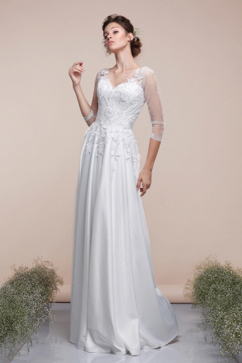 Свадебное платье Анна (атлас) - легкое, удобное, для венчания, простое, непышное, для полных, большой размер, длинный рукав, атласное в свадебном салоне Princesse de Paris СПБ