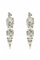 Длинные серьги СС005 оригинальной формы с завитками и цветочными элементами со стразами и жемчугом в цвете серебро в свадебном салоне Princesse de Paris