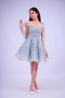 Короткое пышное блестящее вечернее платье БЕТТИ голубого цвета на выпускной из кружева 3D