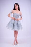Короткое пышное блестящее вечернее платье БЕТТИ голубого цвета на выпускной из кружева 3D