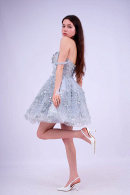 Короткое пышное блестящее вечернее платье БЕТТИ голубого цвета на выпускной из кружева 3D