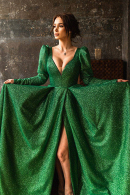 Шикарное королевское блестящее зеленое вечернее платье с разрезом и рукавами ГЛОРИЯ купить в салоне Princesse de Paris в СПБ.