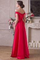Длинное вечернее корсетное платье из атласа ДЕБОРА красного цвета с открытыми плечами и разрезом на выпускной, на роспись, на корпоратив купить недорого в салоне Princesse de Paris в СПБ