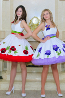 Купить короткое пышное платье на выпускной 9 и 11 класс с корсетом дизайнерское из натурального льна в салоне Принцес де Париж в СПБ