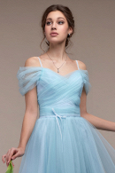 Вечернее платье ЭЛЬФИЯ миди голубого цвета  - не пышное, А-силуэт, midi, легкое, удобное, без кружева купить недорого на выпускной 9 и 11 класс в салоне Princesse de Paris