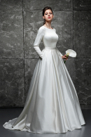 Свадебное платье Алекса - атлас, длинный рукав, закрытое, карманы, шлейф.