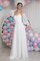 Недорогое длинное свадебное платье в горошек КАТАРИНА со съемными рукавами и не пышной юбкой без кринолина на роспись купить недорого в салоне Princesse de Paris СПБ.