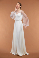Свадебное платье Марена - легкое, удобное, для венчания, простое, непышное, для полных, большой размер, длинный рукав, без кружева, расшитое жемчугом в свадебном салоне Princesse de Paris СПБ
