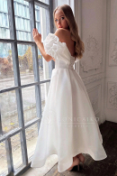 Очаровательное свадебное платье МЕРИ миди с разрезом по ноге из матовой органзы в стиле минимализм на роспись, для второго брака купить недорого в салоне Princesse de Paris в СПБ