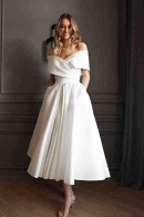 Свадебное платье ХАГГИС миди из атласа с открытыми плечами купить недорого в салоне Princese de Paris